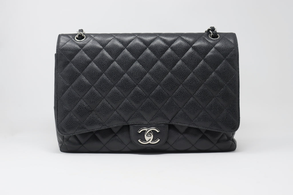 CHANEL Black Caviar Leather Classic Maxi Double Flap Bag Silver