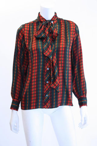 1980s YVES SAINT LAURENT Plaid V-Neck Blouse