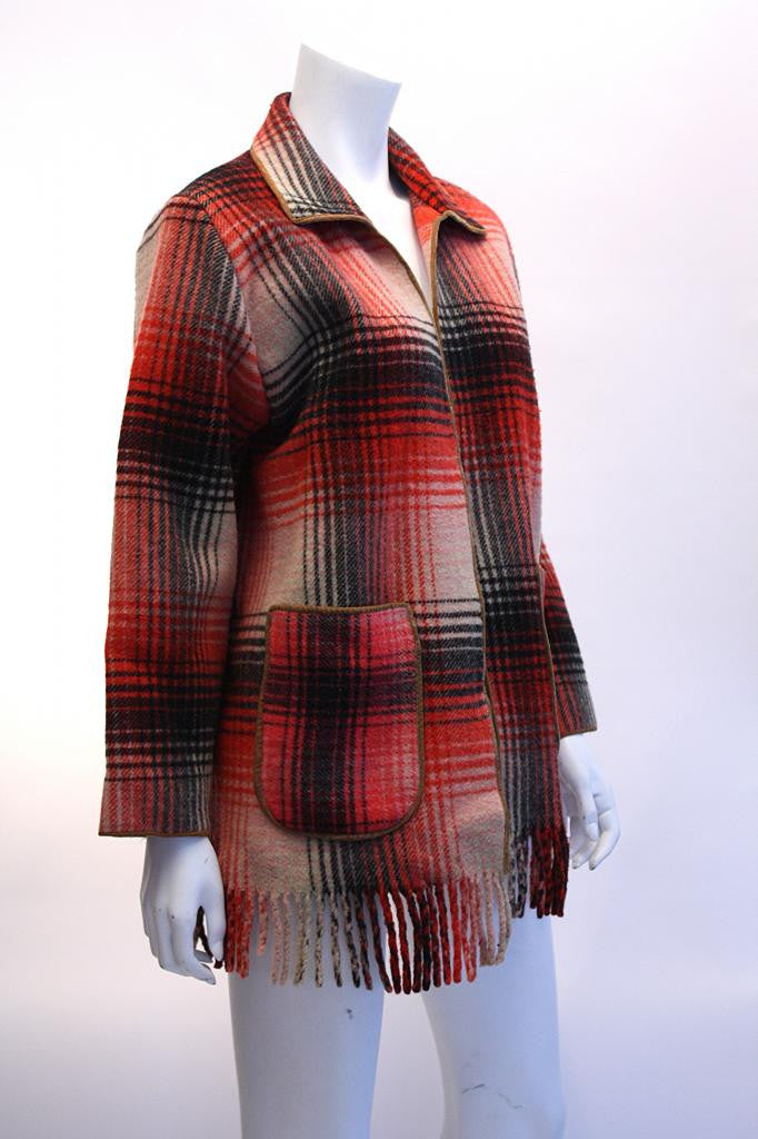 Vintage Plaid Wool Jacket with Fringe