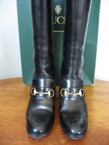 Vintage 80's GUCCI Black Leather Riding Boots with Horsebit Detail & B