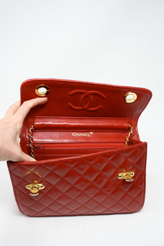 Vintage Oscar de la Renta Red Leather Top Handle Double Flap