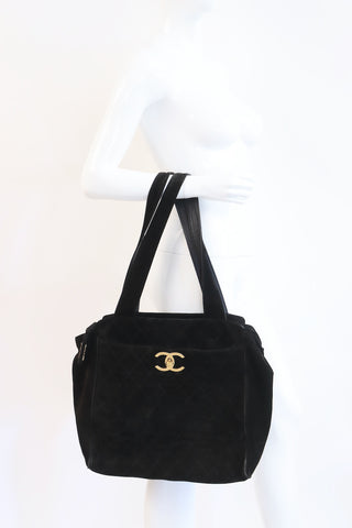 Rare Vintage CHANEL Jumbo Quilted Suede Tote Bag With CC