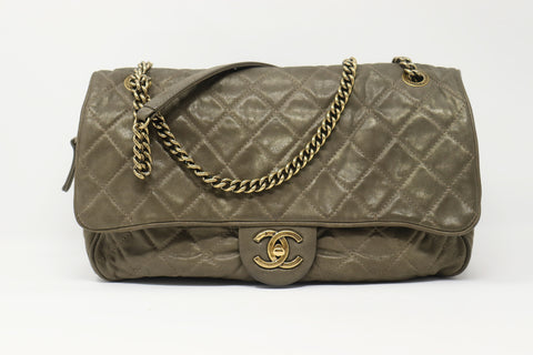 CHANEL Iridescent Olive Green Calfskin Shiva Flap Bag