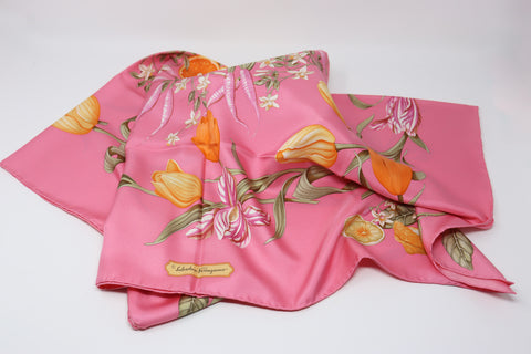 Vintage FERRAGAMO Silk Flowers & Fruit Scarf