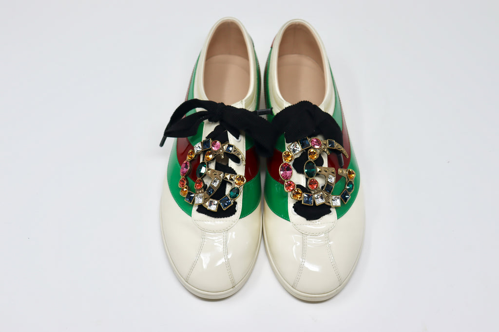 GUCCI Patent Leather Falacer Web Sneakers at Rice and Beans Vintage