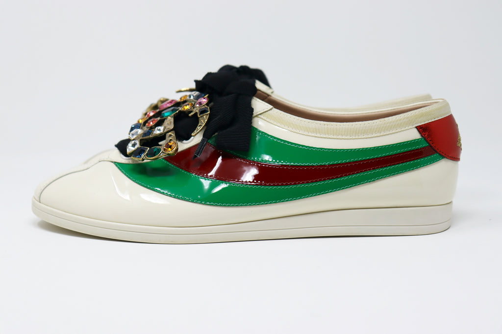 GUCCI Patent Leather Falacer Web Sneakers at Rice and Beans Vintage