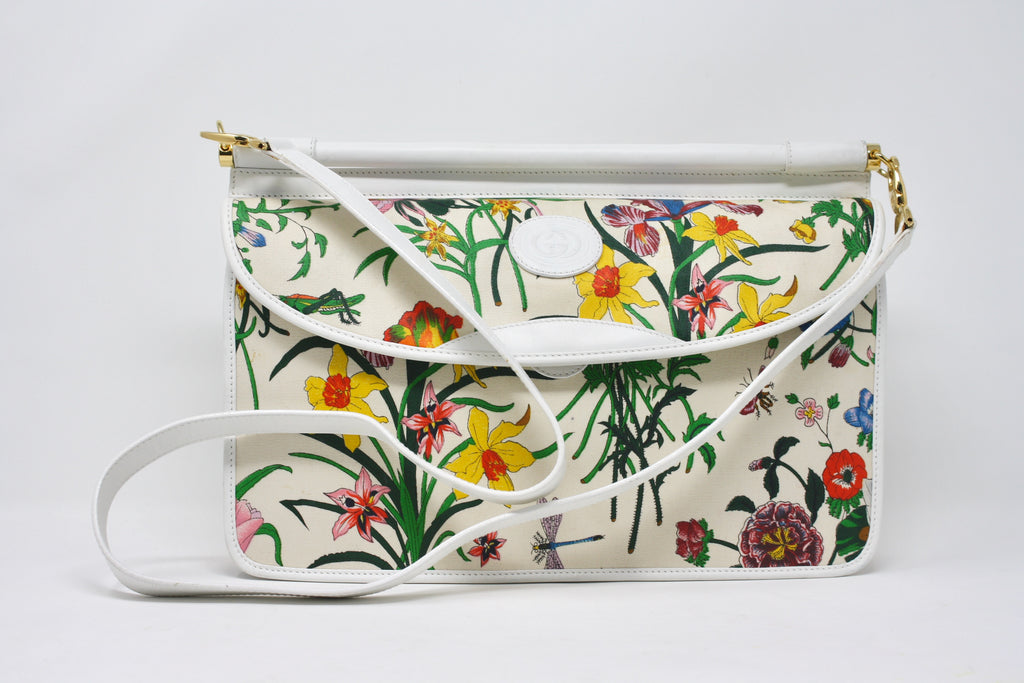 Vintage Gucci Floral Canvas White Leather Cross Body Shoulder Bag Purs –  Basha Gold
