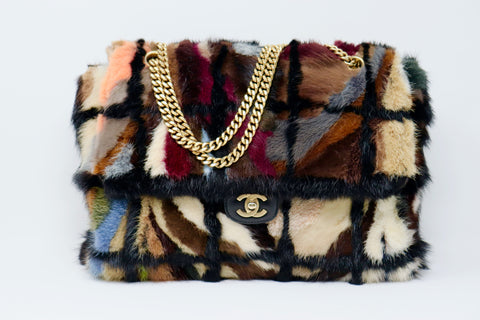 Rare Vintage CHANEL 01A Multicolor Mink Fur Maxi Flap Bag