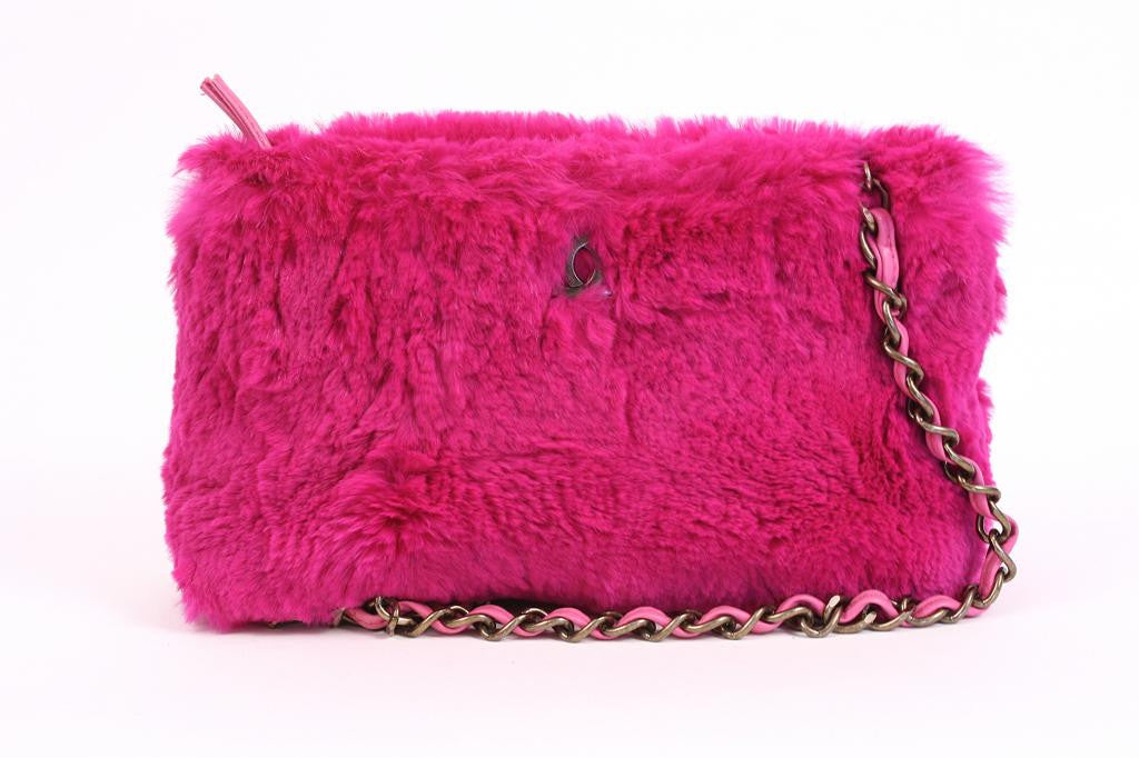 CHANEL Authentic Lapin Rabbit Fur Purse Tote Bag with Clip-on Pouch