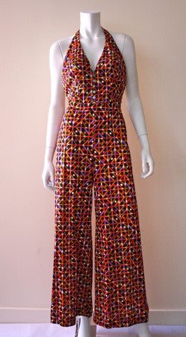 1970's Geometric Print Halter Jumpsuit