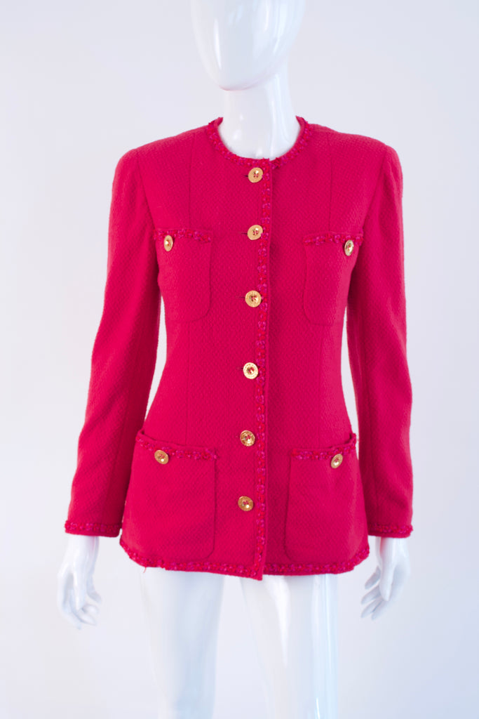 Vintage CHANEL Pink Jacket with Logo Buttons at Rice and Beans Vintage